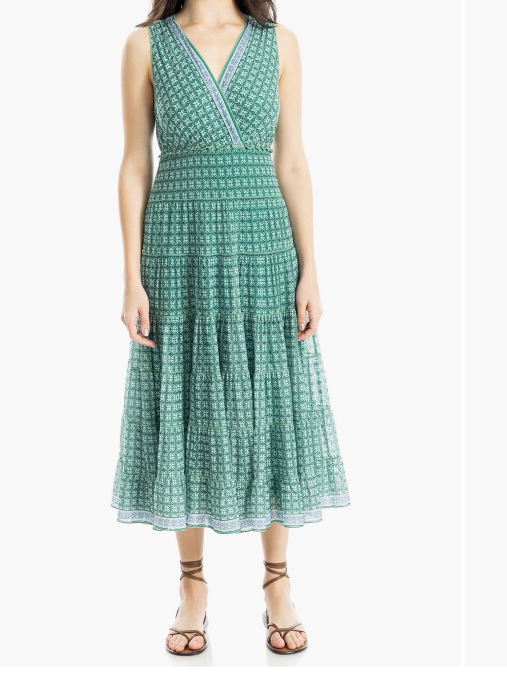 Max Studio Green Printed Sleeveless V-Neck Tiered Maxi Dress